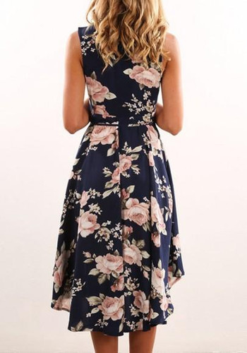 Purplish Blue Flowers Print Swallowtail Draped V-neck Casual Maxi Dress