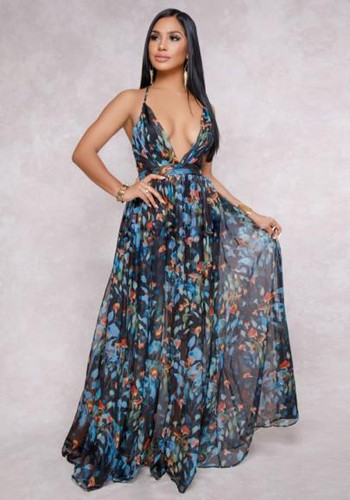 Blue Draped Spaghetti Strap Backless Deep V-neck Flowy Bohemian Vegas Maxi Dress