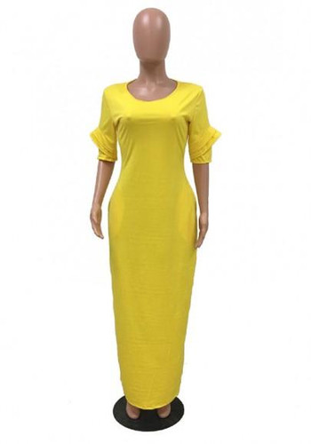 Yellow Pockets Zipper Ruffle Round Neck Fashion Maxi Dress