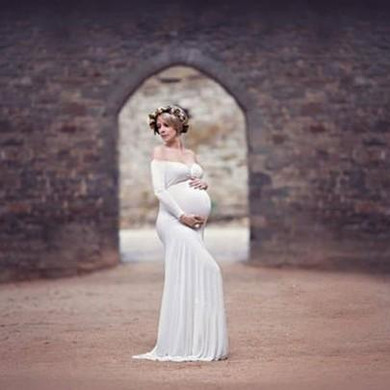 White Draped Off Shoulder Backless Maternity For Babyshower Elegant Maxi Dress