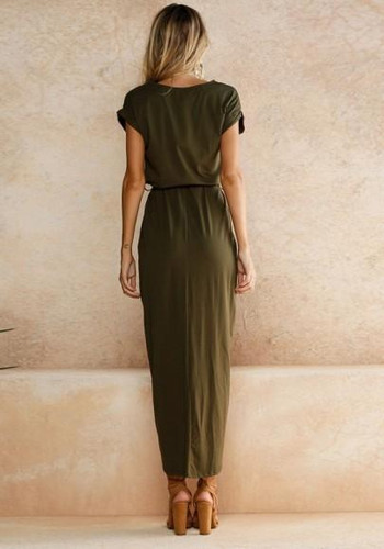 Deep Green Sashes Irregular Round Neck Fashion Maxi Dress