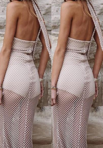 Nude Hollow-out Zipper Halter Neck Backless See-through Maxi Dress