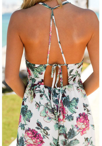 White Draped Spaghetti Strap Halter Neck Backless Flowy Vegas Bohemian Beach Maxi Dress