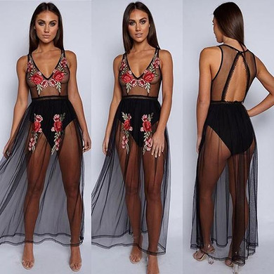 Black Patchwork Grenadine Embroidery V-neck Fashion Maxi Dress