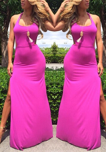 Rose Carmine Plain Condole Belt Backless Side Slit Maxi Dress