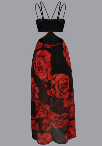 Black Flowers Print Grenadine Irregular High Slit Deep V-neck Party Maxi Dress