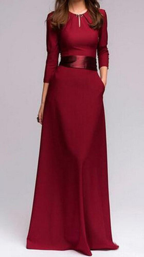 Red Patchwork Buttons Round Neck Fashion Maxi Dress