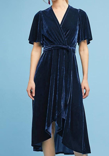 Navy Blue Irregular Sashes Velvet Bow V-neck Short Sleeve Maxi Dress