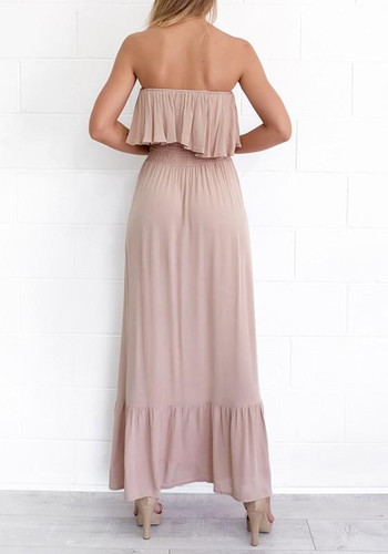 Pink Ruffle Off Shoulder Backless Flowy High Waisted Bohemian Elegant Party Maxi Dress