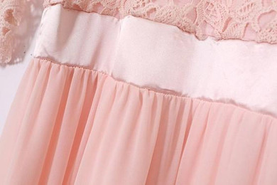 Blush Pink Patchwork Lace Pleated Half Sleeve Chiffon Maxi Bridesmaid Dress