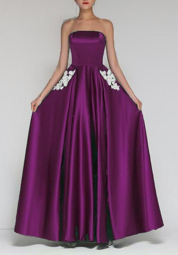 Purple Lace Pleated Pockets Off Shoulder Backless Banquet Bridesmaid Elegant Party Maxi Dress