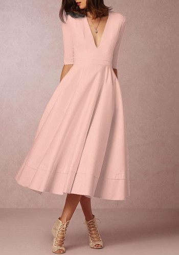 Pink Pleated Plunging Neckline Elbow Sleeve Elegant Prom Evening Party Maxi Dress