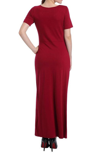 Red Draped Side Slit Round Neck Short Sleeve Maxi Dress
