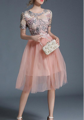 Pink Patchwork Draped Grenadine Embroidery Tutu Elegant Midi Dress Pink Patchwork Draped Grenadine Embroidery Tutu Elegant Midi Dress