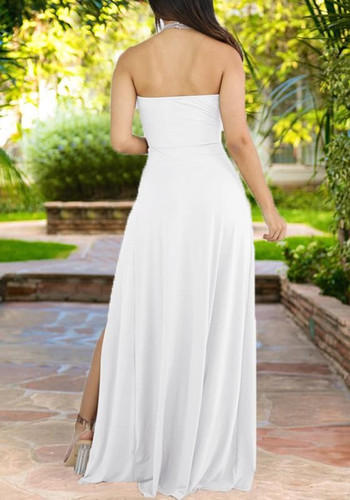 White Draped Cut Out Side Slit Halter Neck Flowy Bohemian Party Maxi Dress