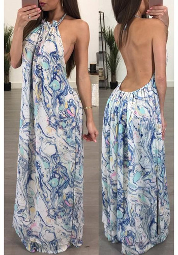 White Geometric Print Backless Draped Tie Back Halter Neck Bohemian Maxi Dress