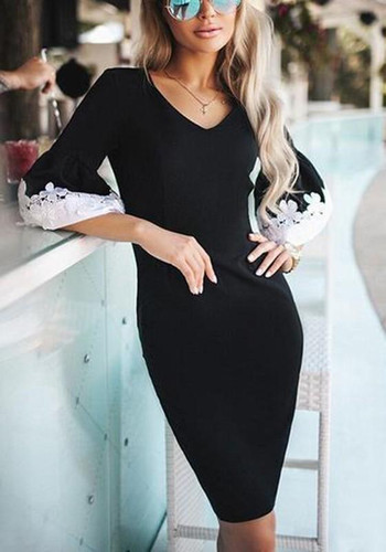 Black Patchwork Lace Cut Out V-neck Elegant Midi Dress