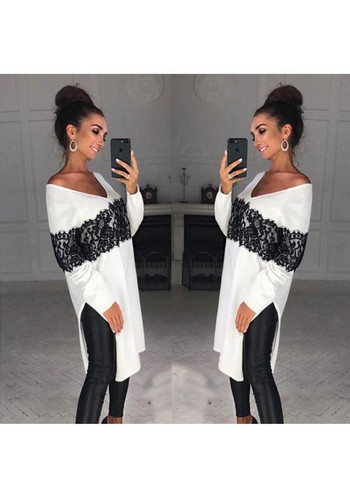 White Patchwork Lace Side Slit V-neck Fashion Midi Dress