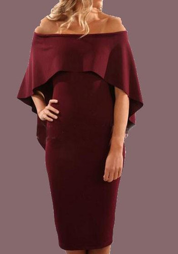 Burgundy Bandeau Off Shoulder Backless Cape Party Midi Dress