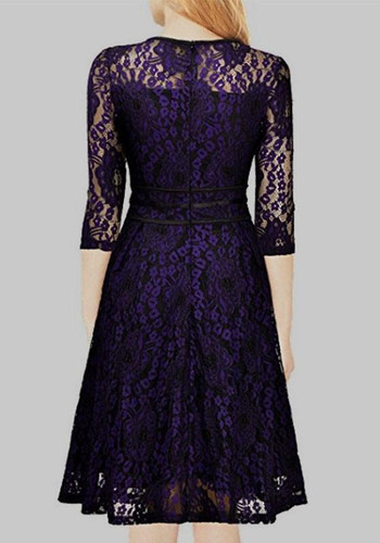 Purple Flowers Double-deck Lace Round Neck Elbow Sleeve Midi Dress