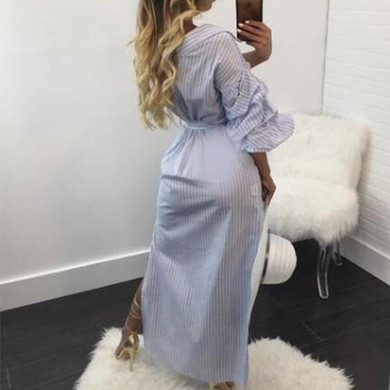 Blue Striped Sashes Irregular Single Breasted V-neck Maxi Dress