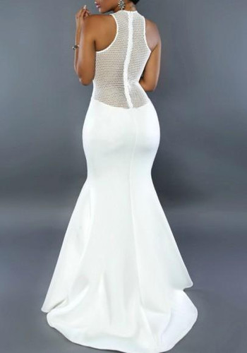 White Patchwork Zipper Pleated Grenadine Plunging Neckline Mermaid Cocktail Prom Maxi Dress