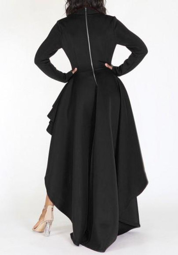Black Ruffle Irregular Swallowtail High-Low Band Collar Party Maxi Dress