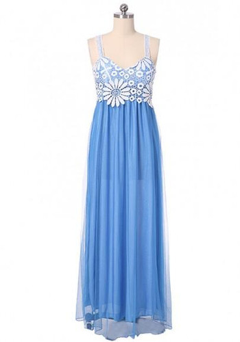 Blue Patchwork Lace Bridesmaid Prom Evening Party Plunging Neckline Chiffon Maxi Dress