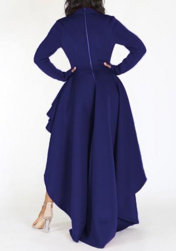 Blue Ruffle Irregular Swallowtail High-Low Band Collar Party Maxi Dress