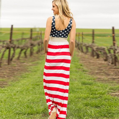 Casual Red-White Striped Draped Backless Round Neck Sleeveless Casual Maxi Dress