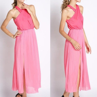 Casual Pink Plain Irregular Draped Round Neck Sleeveless Maxi Dress
