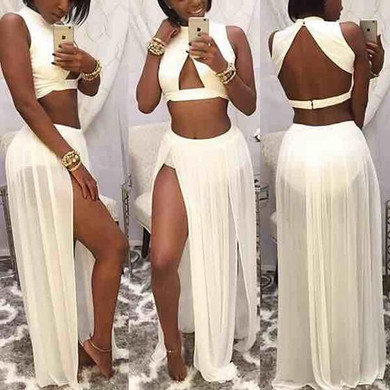 Casual White Irregular Two Piece Slits On Both Sides Backless Boho Maxi Dress