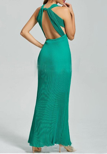 Casual Green Draped Cut Out Backless V-neck Sleeveless Maxi Dress