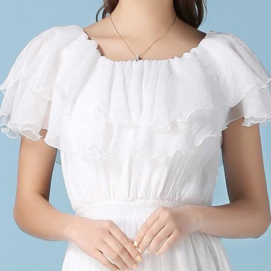 Casual White Cascading Ruffle Pleated Off Shoulder Elegant Beach Maxi Dress