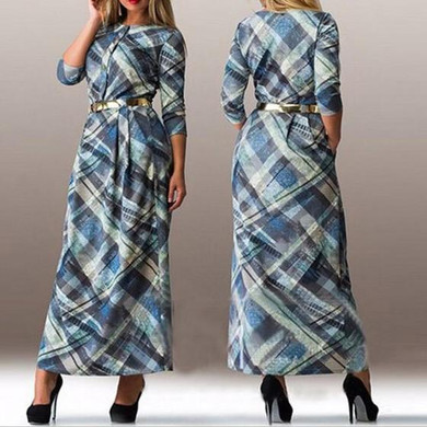 Casual Blue Plaid Pleated Buttons Elegant 3/4 Sleeve Maxi Dress