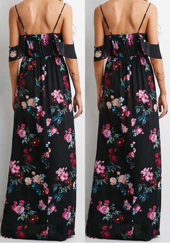 Casual Black Flowers Print Draped V-neck Open Back Off-Shoulder Maxi Dress
