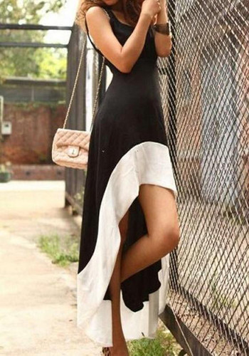 Black-White Patchwork Irregular Swallowtail Cut Out Backless High-low Sleeveless Elegant Maxi Dress