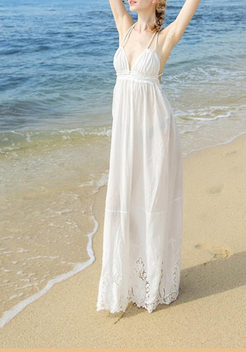 Casual White Tie Back Spaghetti Strap Backless Bohemian Flowy Beach Maxi Dress