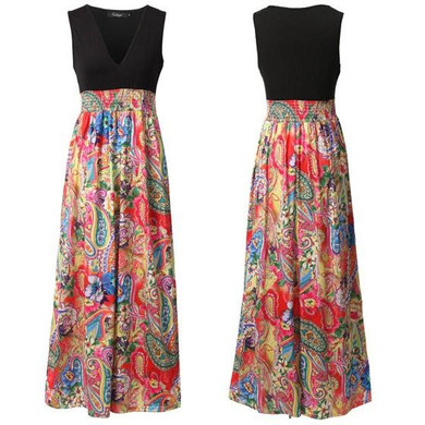 Casual Red Patchwork Flowers Print Draped Deep V-neck Sleeveless Bohemian Maxi Dress
