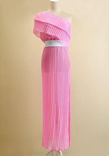Casual Pink Patchwork Side Silt Asymmetric Shoulder Ruffle Maxi Dress