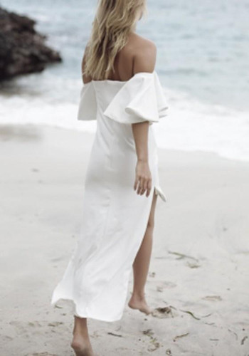 Casual White Plain Irregular Ruffle Boat Neck Maxi Dress