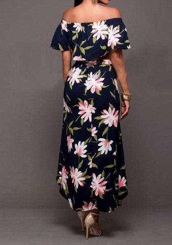 Black Flowers Print Irregular Side Slit Off-shoulder Two Piece Bohemian Maxi Dress