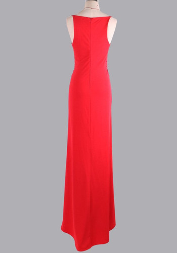 Casual Red Cut Out Draped Zipper Round Neck Sleeveless Maxi Dress