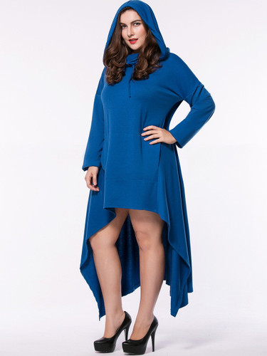 Hooded Asymmetric Hem Kangaroo Pocket Plain Plus Size Maxi Dress