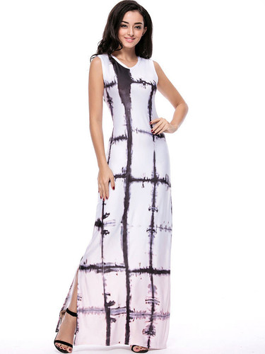 Casual Designed Round Neck Side Slit Printed Sleeveless Maxi Dress