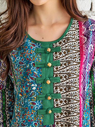 Casual Round Neck Pocket Decorative Button Printed Loose Maxi Dress
