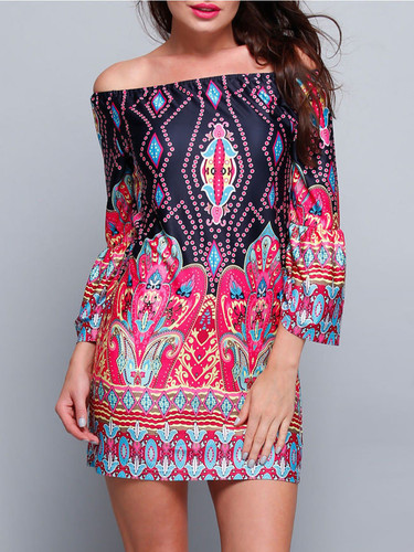 Casual Bohemian Floral Printed Off Shoulder Shift Dress