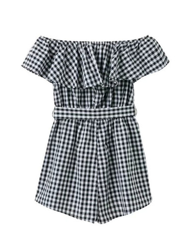 Casual Off Shoulder Flounce Plaid Romper Casual Off Shoulder Flounce Plaid Romper