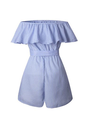 Casual Off Shoulder Bowknot Flounce Pinstripe Romper Casual Off Shoulder Bowknot Flounce Pinstripe Romper
