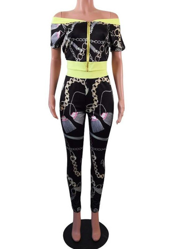 Black Floral Print Zipper Off Shoulder Top And High Waisted Pants